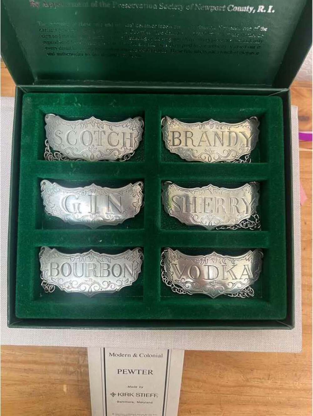 Vintage Stieff Pewter Liquor Historic Newport Decanter Labels Set of 6 in Box